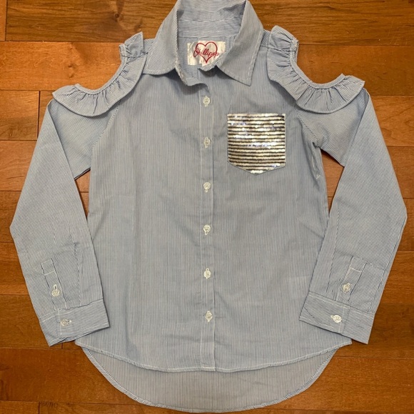 Blue & white striped button down w/ cold shoulder - Picture 1 of 3